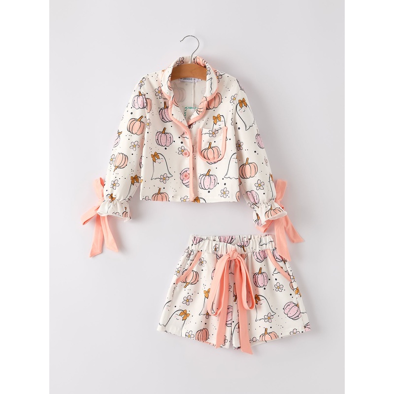 Halloween Ghost Pumpkin Print Girls Pajama Set