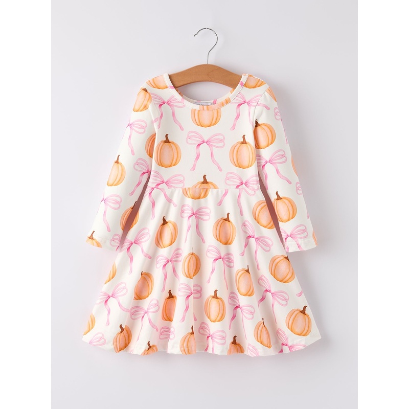 Halloween Pumpkin Bow Print Long Sleeve Dress