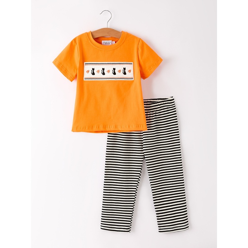Halloween Striped Boy Set with Cat Smocking Embroidery   Perfect for Fall