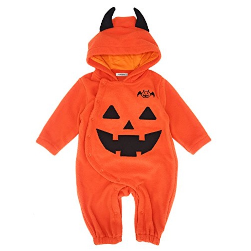 Halloween Unisex Orange Fleece Pumpkin Hooded Long Sleeve Romper