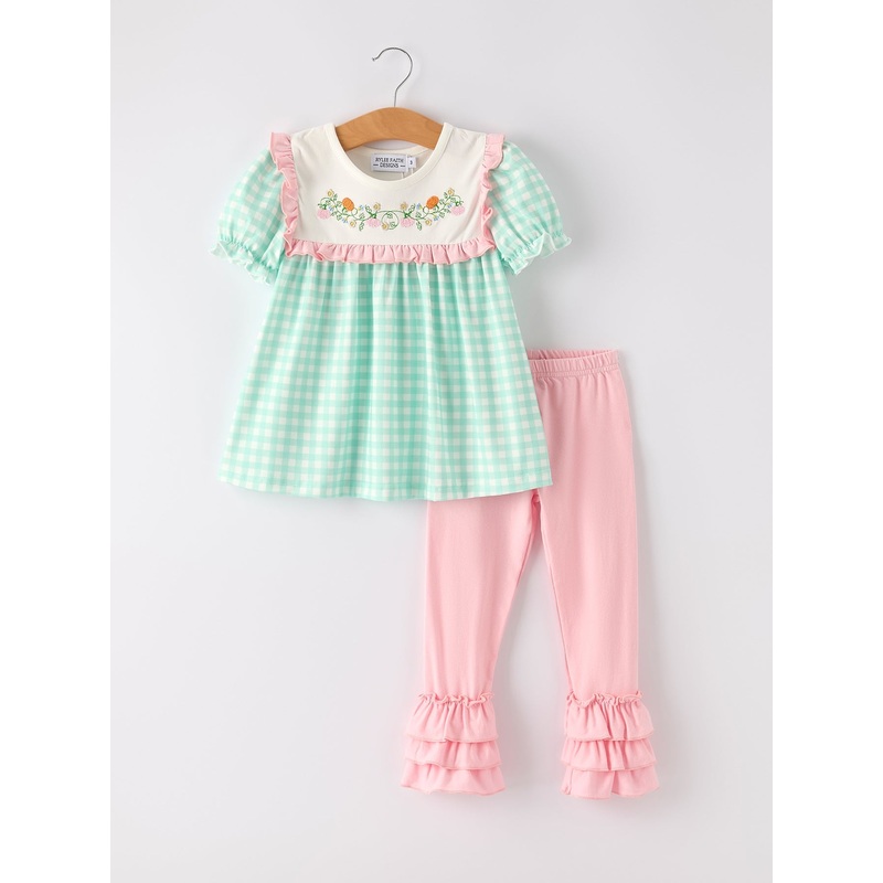 Thanksgiving Day Fall Pumpkin Flowers Embroidered Check Ruffles Girls Outfit