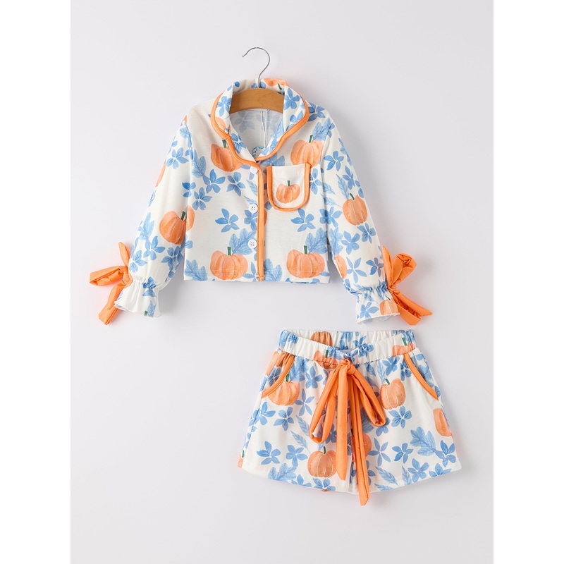 Thanksgiving Day Pumpkin Floral Print Girls Pajamas Set