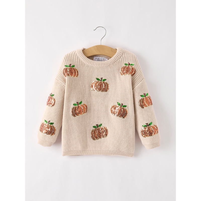 Thanksgiving Halloween Pumpkin Sequin Sweater  Beige, Perfect for Fall