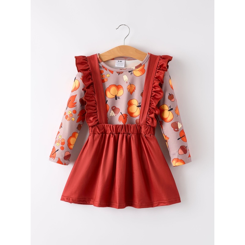 Thanksgiving Pumpkin Print Top + Suspender Dress Girls Set