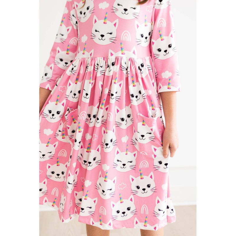 Unicorn Kitties 3/4 Sleeve Pocket Twirl Dress