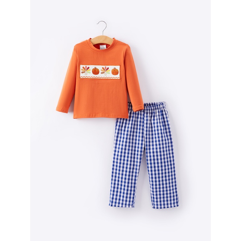 Boys Thanksgiving Smocking Embroidered Plaid Outfit Set