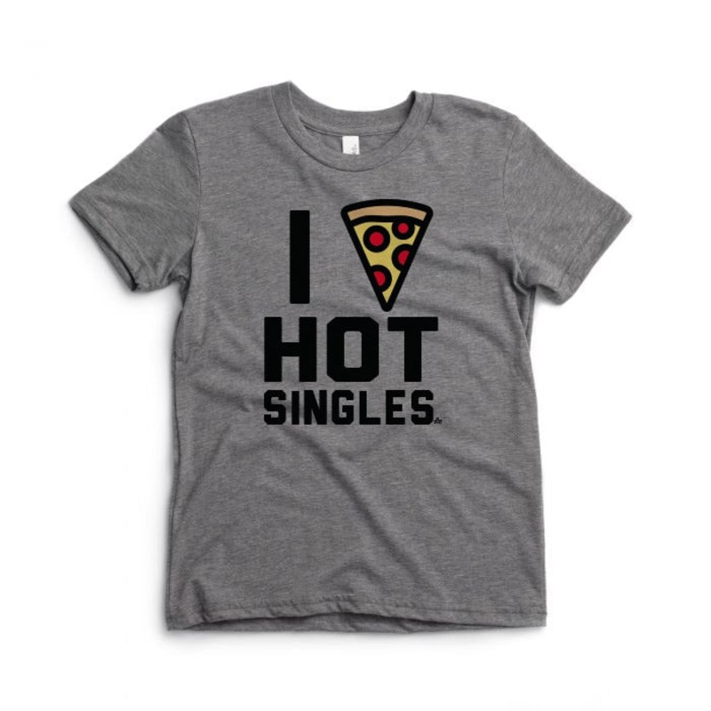 Hot Singles Pizza Tee|3/6|6/12|12/18|18/24|2T|3T|4T|5T|YS (6/8)|YM (10/12)|YL (14/16)|Heather Grey
