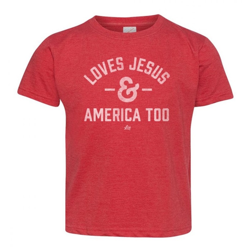 Loves Jesus & America Too Tee|3-6 months|6-12 months|12-18 months|18-24 months|2T|3T|4T|5T|Youth Small|Youth Medium|Youth Large|Red