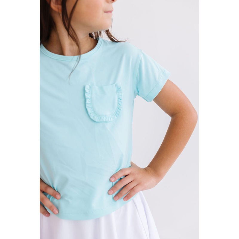 Aqua Ruffle Pocket Tee|6-12M|12-24M|2T|3T|4T|5/6|7/8|9/10