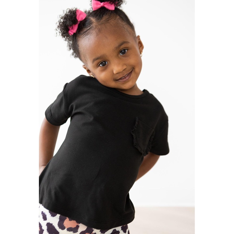 Black Ruffle Pocket Tee|6-12M|12-24M|2T|3T|4T|5/6|7/8|9/10