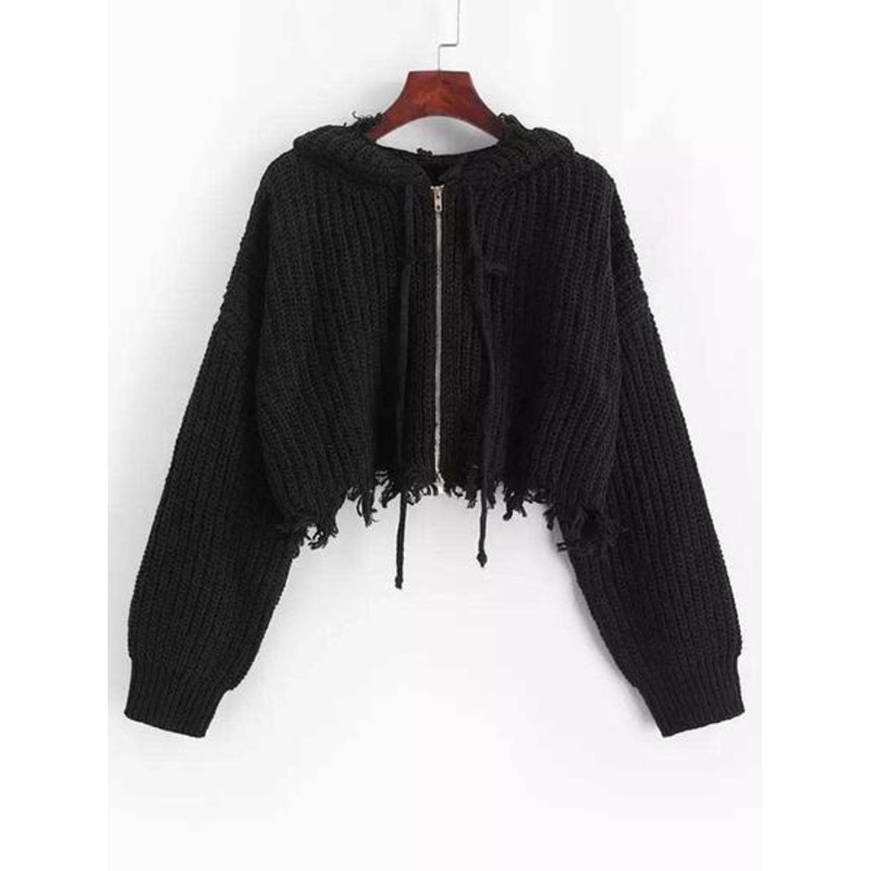 Tweenstyle – Distressed Black Zip Hooded Sweater
