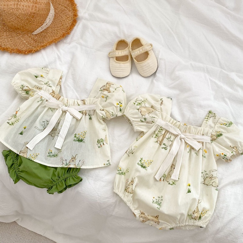 Bunny Pattern Square Neck Bow Tie Puff Sleeve Onesies & Sets