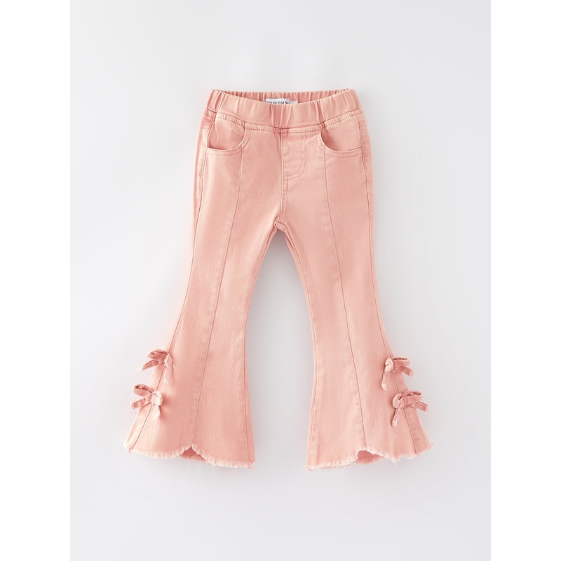 Girls Light Pink Bow Flared Elastic Denim Pants