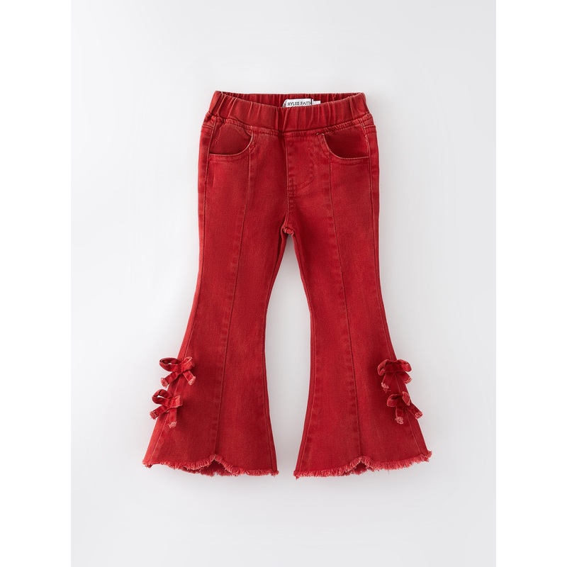 Girls Red Bow Flared Elastic Denim Pants