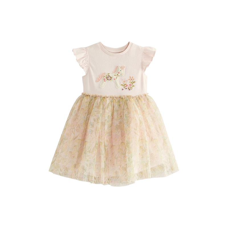 Spring And Summer Baby Girls Short Sleeves Unicorn Cartoon Floral Chiffon Dress