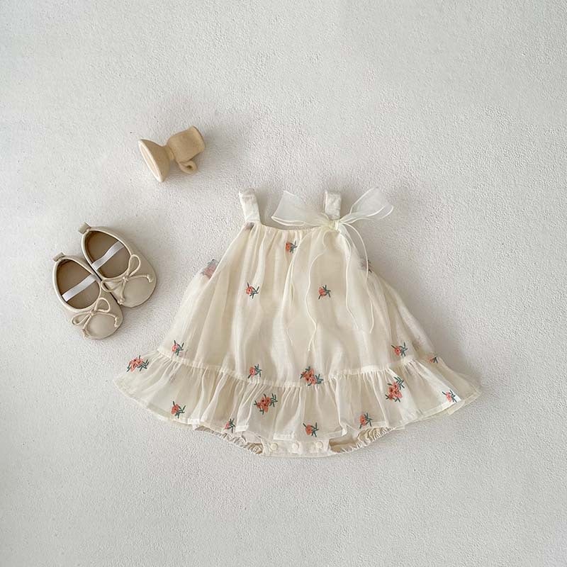 Summer New Arrival Baby Girls Sleeveless Flowers Pattern Tulle Strap Onesies Dress