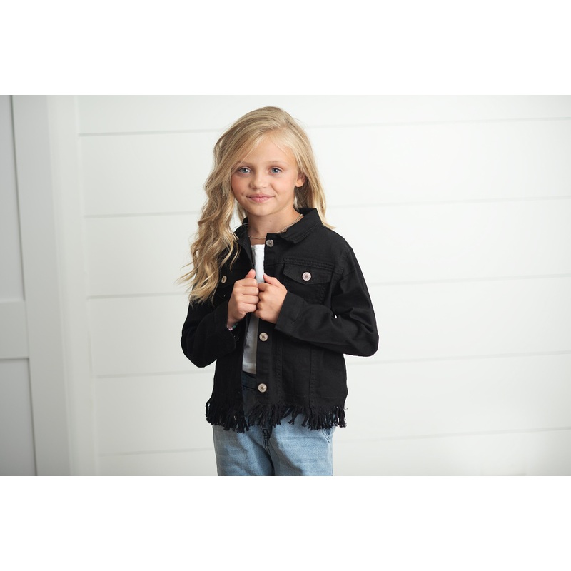Black Fringe Denim Jacket|3|4|5|6|7|8|10|12|14