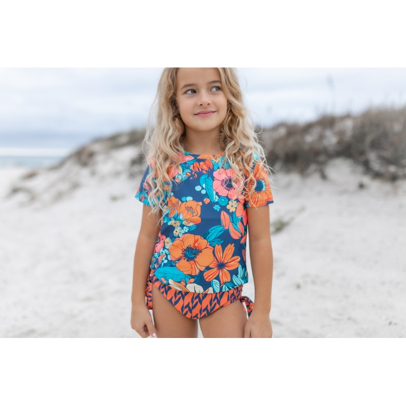 Navy Orange Rash Guard Swimsuit