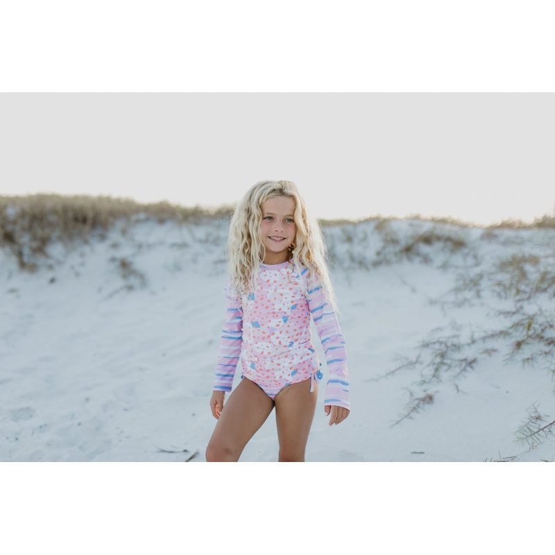Pink Blue Abstract Long Sleeve Rash Guard Swimsuit