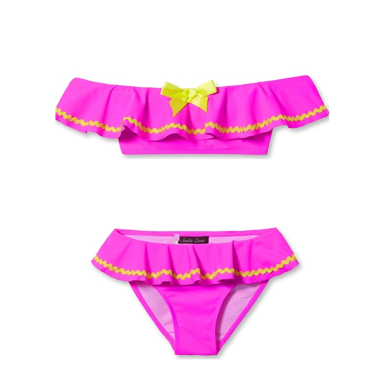 Neon Pink Bikini with Yellow Ric Rac & Bow