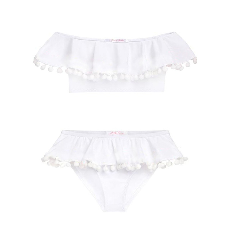 White Ruffle Bikini with Pom Poms