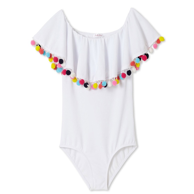 White Swimsuit with Pom Poms|12m|18m|2y|4y|6y|8y|10y|12y|14y|16y