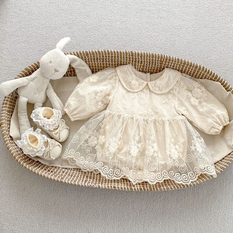 Baby Girls Long Sleeve Floral Embroidered Tulle Bodysuit Dress