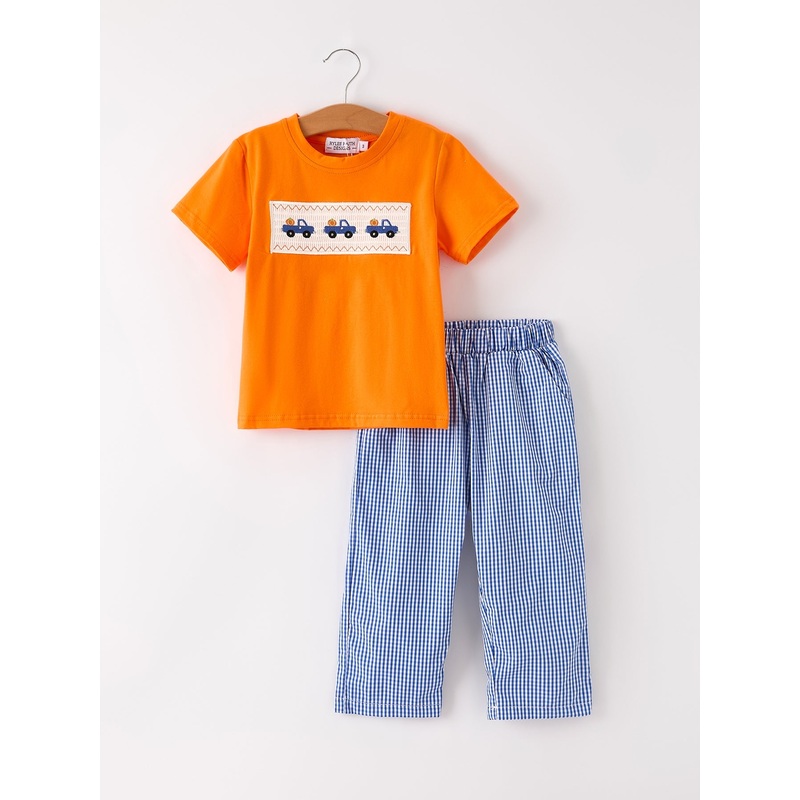 Fall Thanksgiving & Halloween Truck Smock Embroidery Baby Boy Set