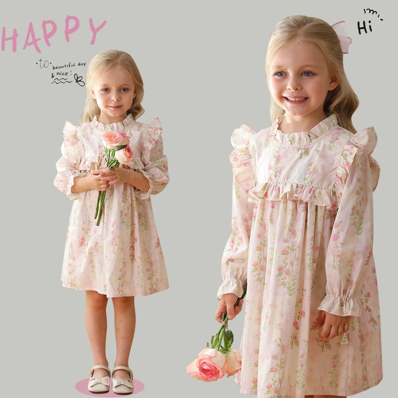 French Style Girls Floral Long Sleeve Ruffle Dress