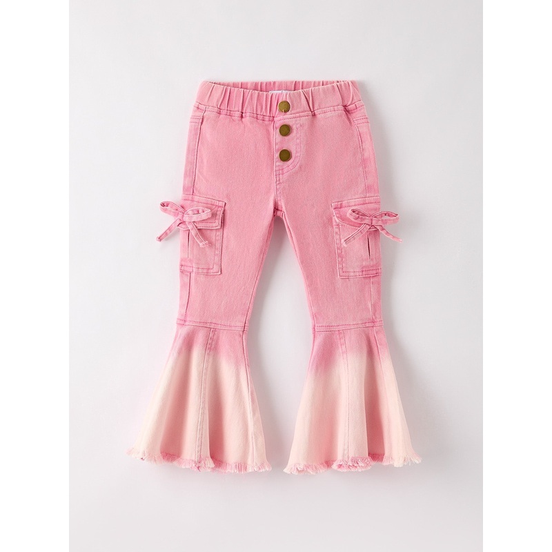 Pink Bell Bottom Jeans  Frayed Hem with Cargo Pockets
