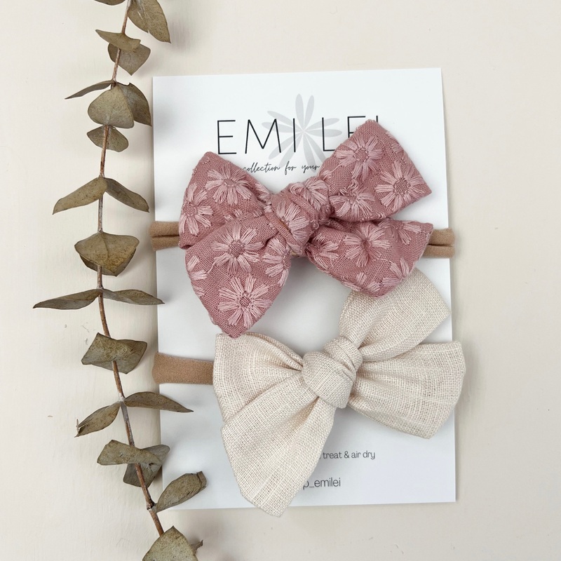 Bow Headbands & Clips|Embroidered Blush & Ivory Linen|Nylon Headband|Alligator Clip