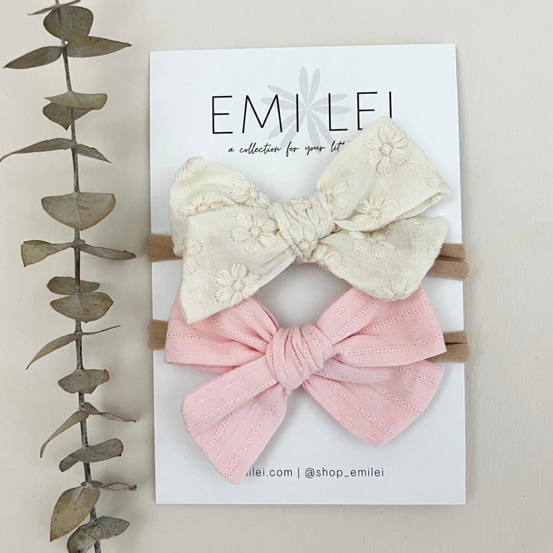 Bow Headbands & Clips|Ivory Floral & Pink|Nylon Headband|Alligator Clip