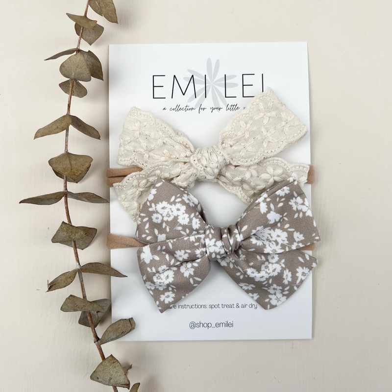 Bow Headbands & Clips|Linen Lace & Dainty Neutral Floral|Nylon Headband|Alligator Clip