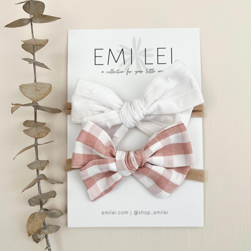 Bow Headbands & Clips|Pink Gingham & White|Nylon Headband|Alligator Clip
