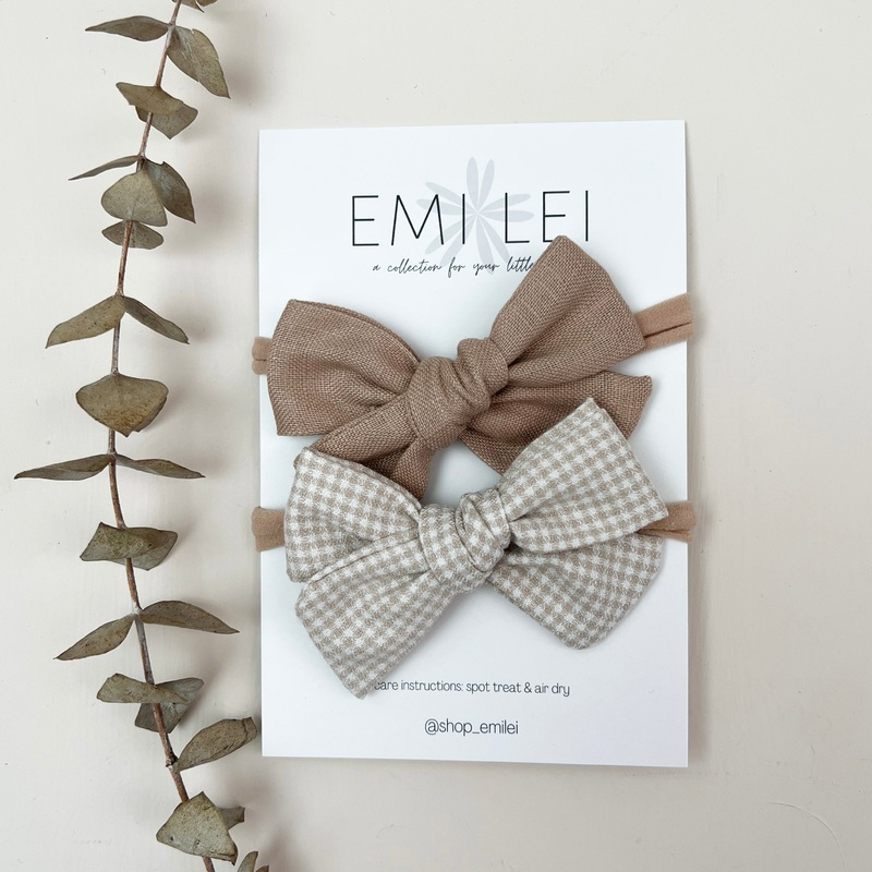 Bow Headbands & Clips|Taupe Linen & Taupe Mini Check|Nylon Headband|Alligator Clip
