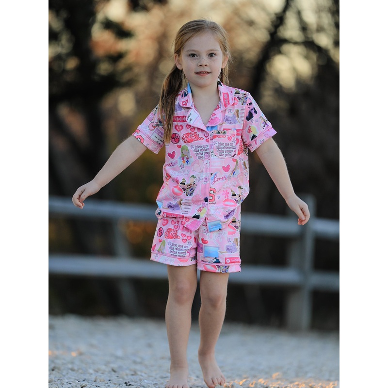 Pink TS Lapel Button Short Sleeve Shorts Pajama Set