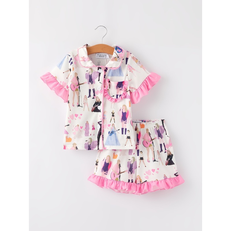Pink TS Lapel Button Short Sleeve Shorts Ruffle Pajama Set