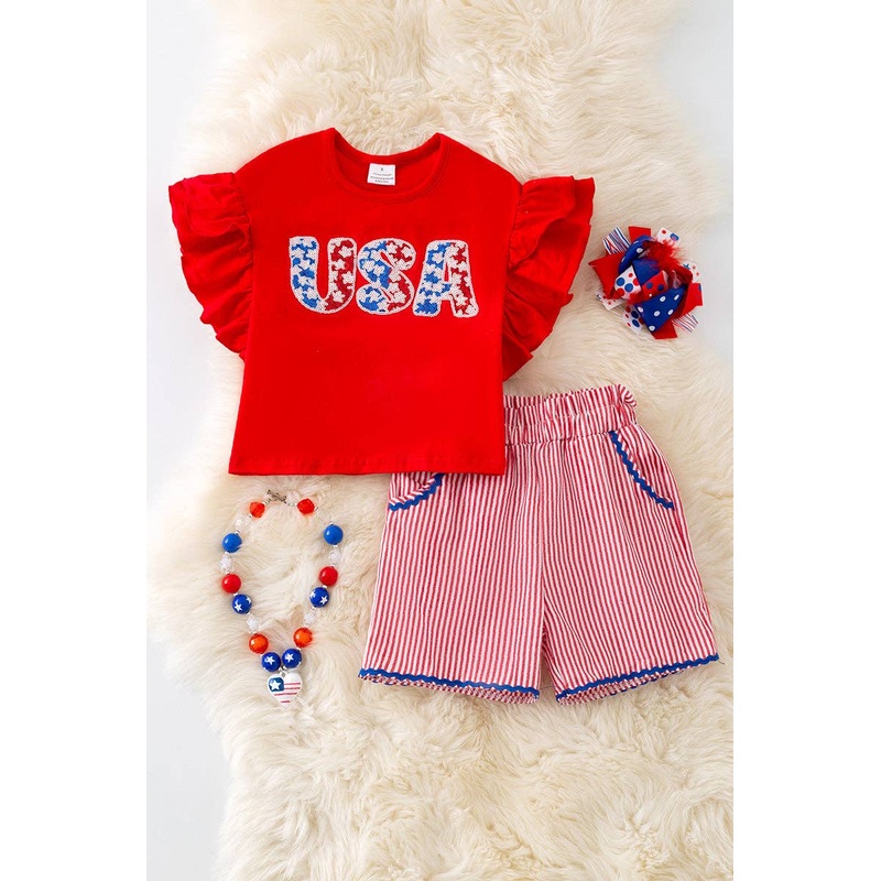 USA sequins applique red top & stripe shorts
