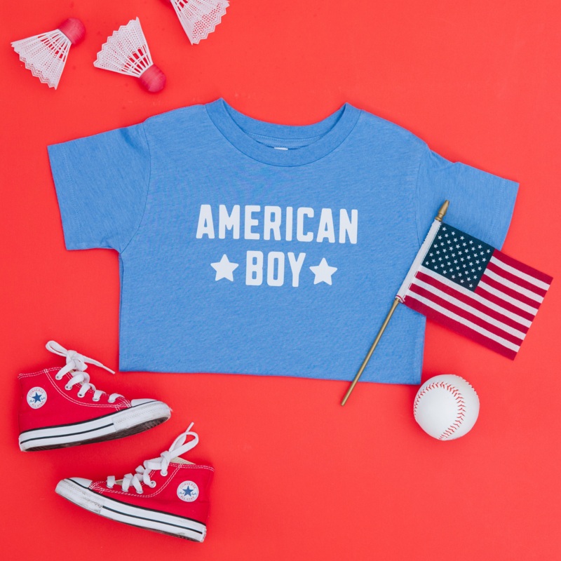 American Boy|2T|3T|4T|5T|Youth Small|Youth Med|Youth Large|Natural|White|Red|Blue
