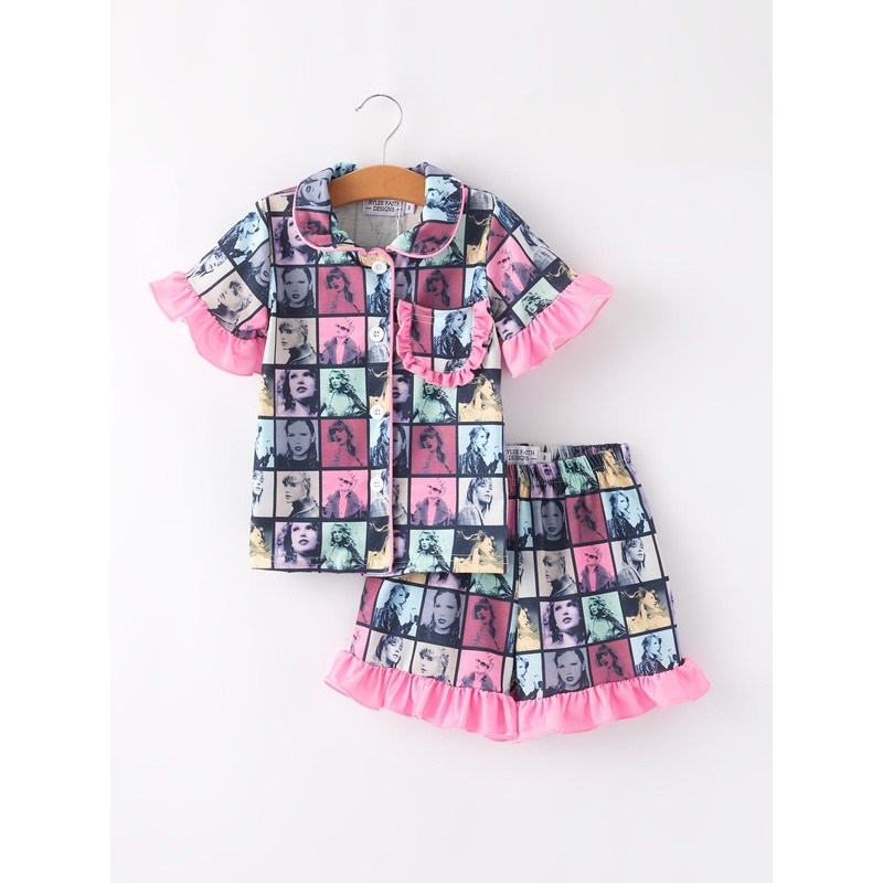 Black TS Lapel Button Short Sleeve Shorts Ruffle Pajama Set