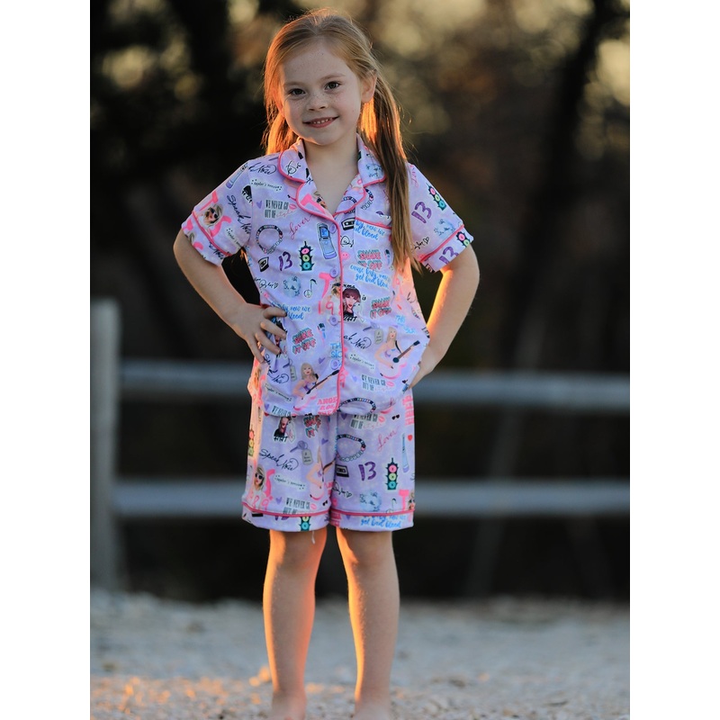 Purple TS Lapel Button Short Sleeve Shorts Pajama Set