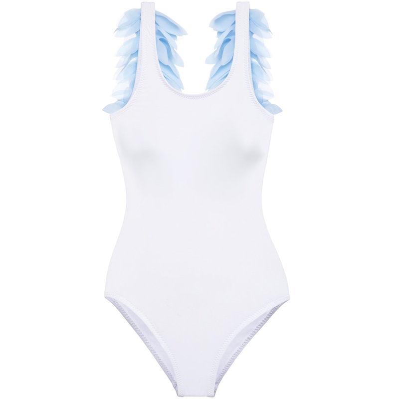 Womens White Bathing Suit with Blue Petals