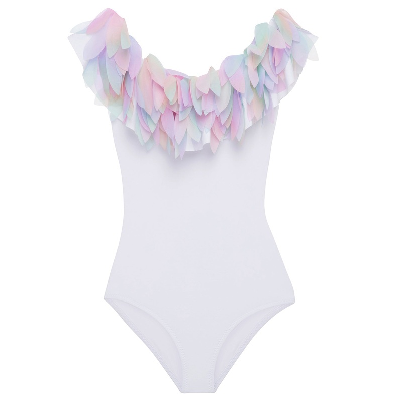 Womens White Draped Swimsuit with Petals