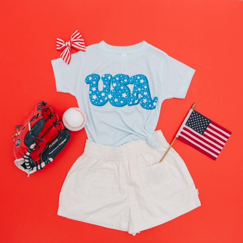 USA Tee|2T|3T|4T|5T|Youth Small|Youth Med|Youth Large|Natural|Pink|White|Ice Blue|Peach