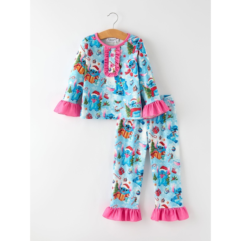 Christmas Girls Pajama Set with Ruffle Detail and Buttoned Top
