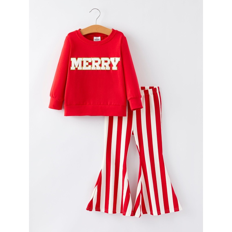 Christmas MERRY Applique Girls Striped Bell-bottom Pants Outfit Set