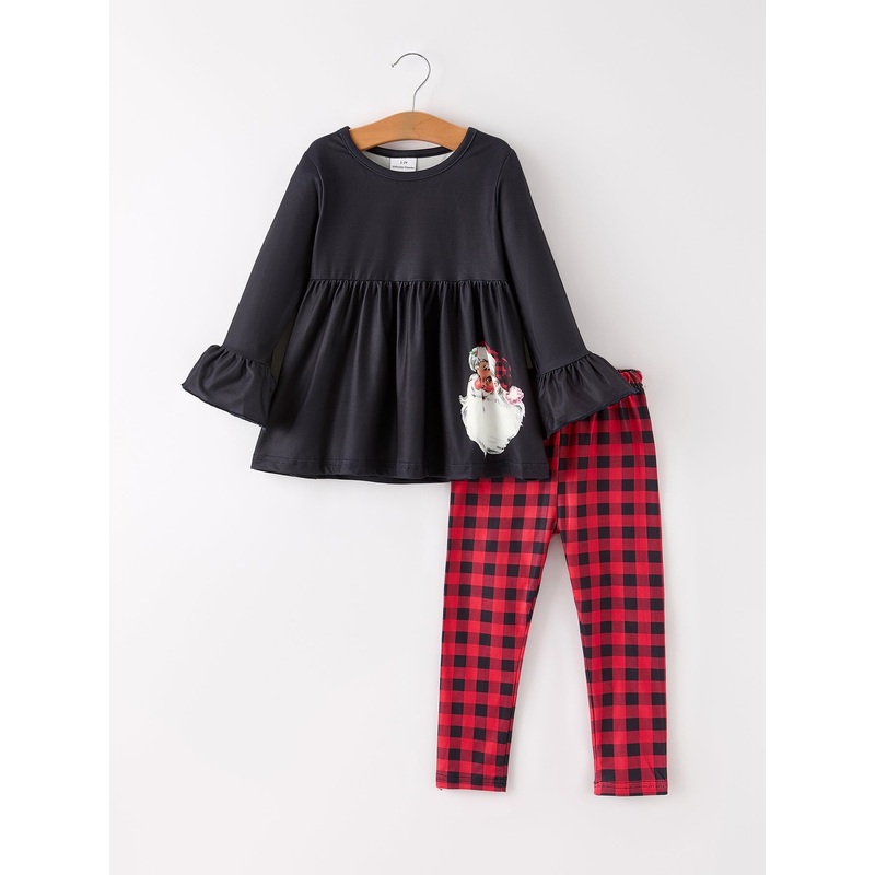 Winter Christmas Santa Claus Print Casual Plaid Girls Set