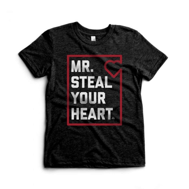 Mr. Steal Your Heart Tee|3-6 months|6-12 months|12-18 months|18-24 months|2T|3T|4T|5T|YS (6/8)|Charcoal Black Triblend w/ Red Heart