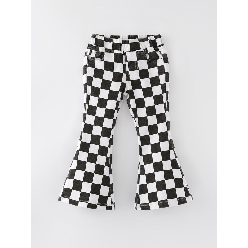 Girls Black and White Check Print Elastic Flared Jeans