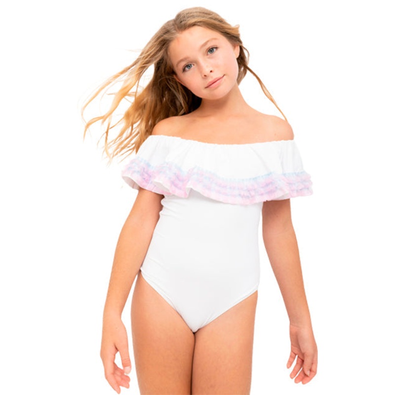 White Ruffle Swimsuit with Anemone